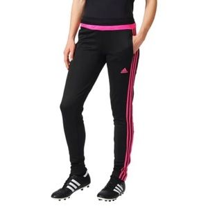 Adidas women’s black with shock pink stripes